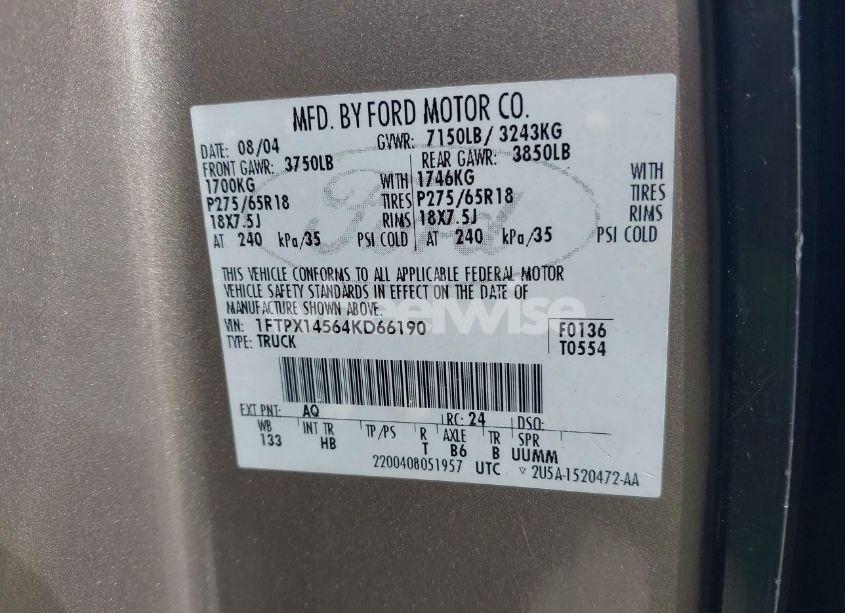 Photo 9 of 2004 Ford F-150 FX4/LARIAT/XL/XLT (VIN 1FTPX14564KD66190)