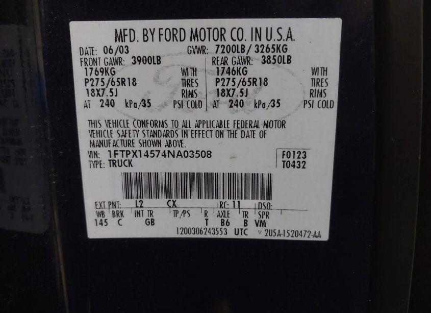 Photo 9 of 2004 Ford F-150 FX4/LARIAT/XL/XLT (VIN 1FTPX14574NA03508)