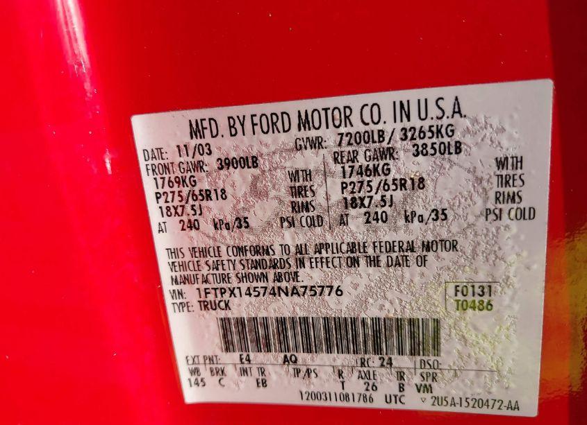 Photo 9 of 2004 Ford F-150 FX4/LARIAT/XL/XLT (VIN 1FTPX14574NA75776)