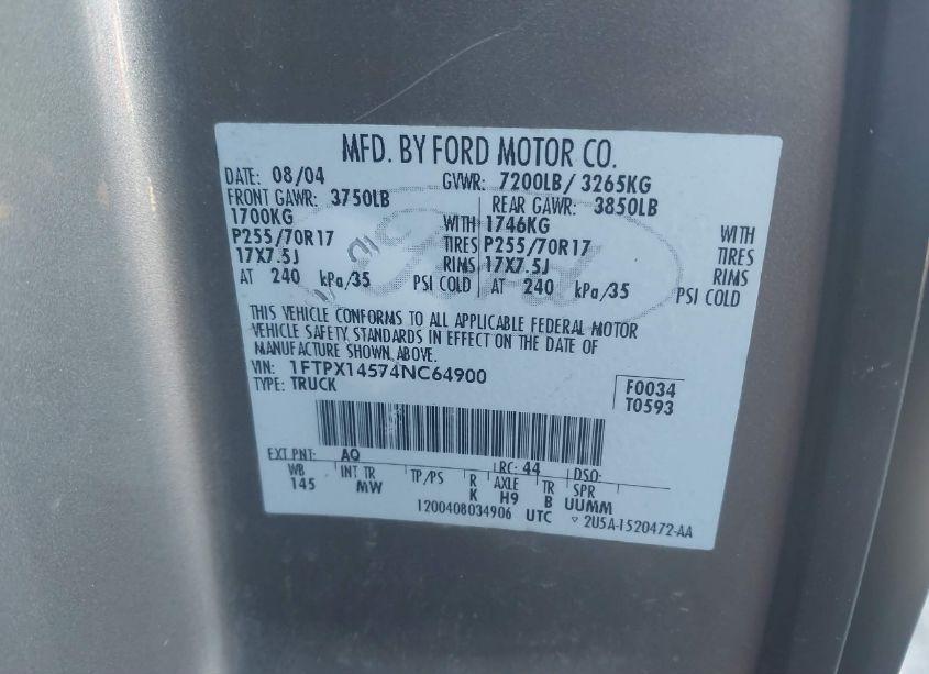 Photo 9 of 2004 Ford F-150 FX4/LARIAT/XL/XLT (VIN 1FTPX14574NC64900)