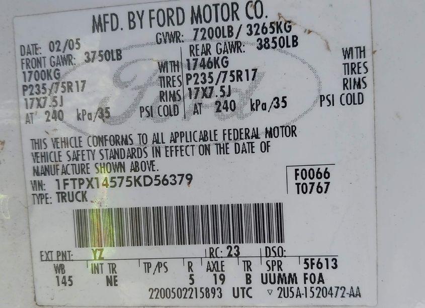 Photo 9 of 2005 Ford F-150 FX4/LARIAT/XL/XLT (VIN 1FTPX14575KD56379)