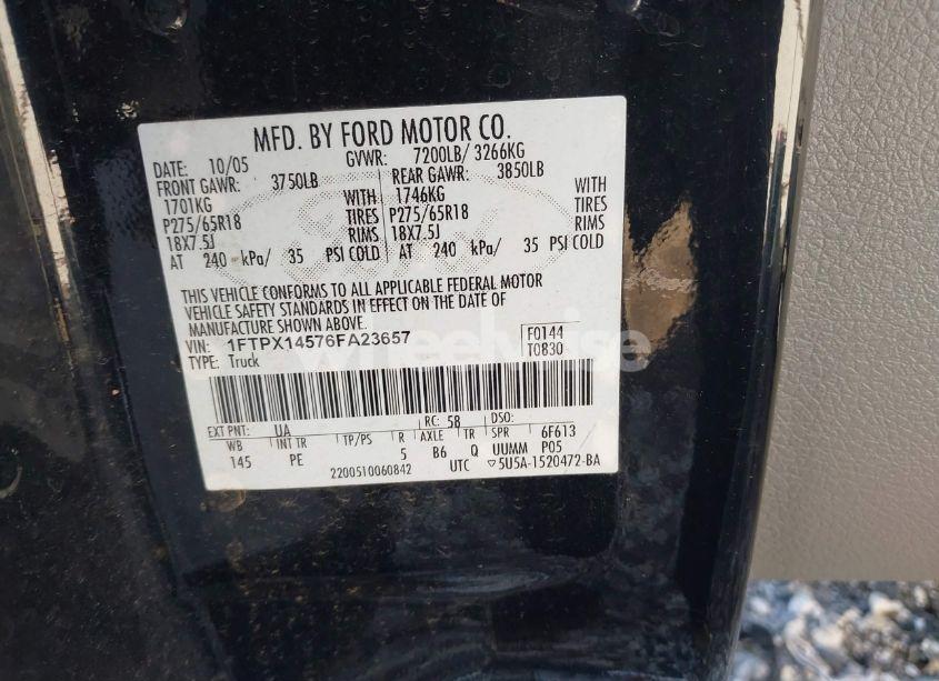 Photo 9 of 2006 Ford F-150 FX4/LARIAT/XL/XLT (VIN 1FTPX14576FA23657)