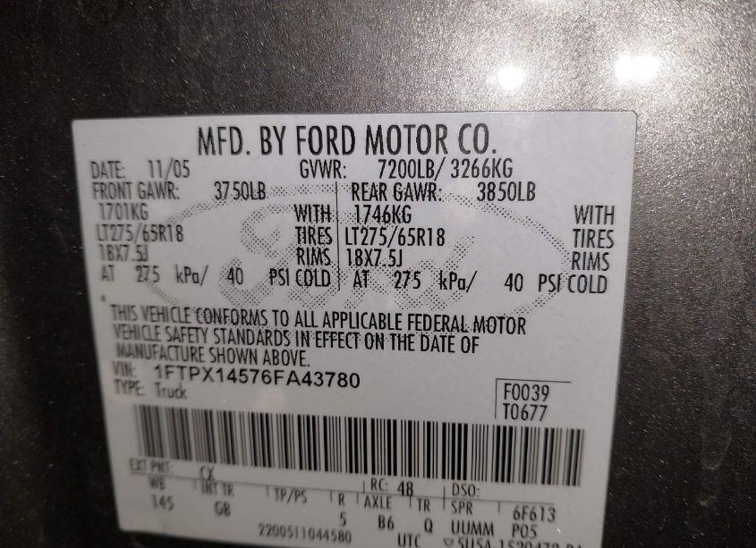 Photo 9 of 2006 Ford F-150 FX4/LARIAT/XL/XLT (VIN 1FTPX14576FA43780)