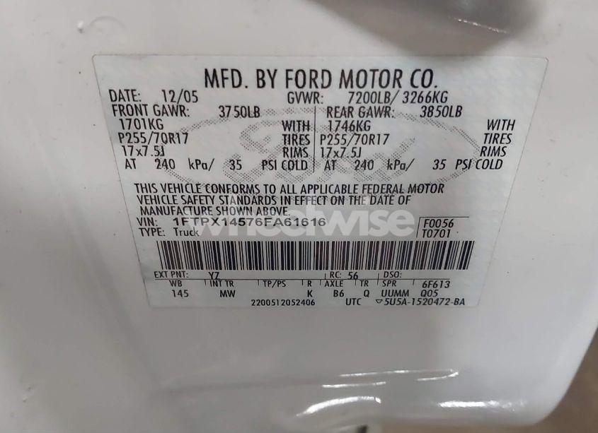 Photo 9 of 2006 Ford F-150 FX4/LARIAT/XL/XLT (VIN 1FTPX14576FA61616)