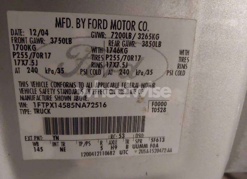 Photo 9 of 2005 Ford F-150 FX4/LARIAT/XL/XLT (VIN 1FTPX14585NA72516)