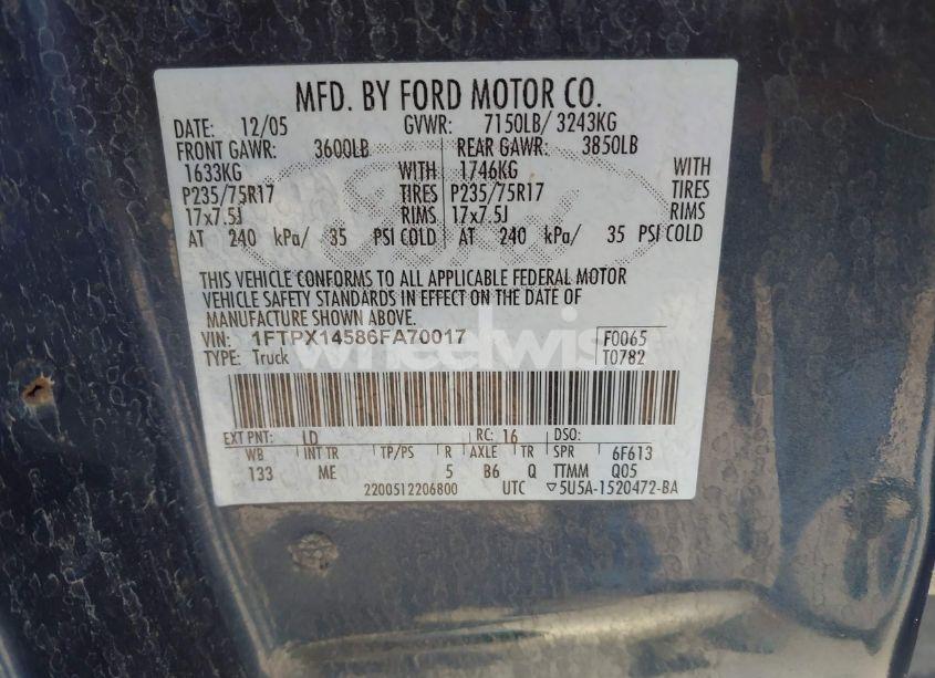 Photo 9 of 2006 Ford F-150 FX4/LARIAT/XL/XLT (VIN 1FTPX14586FA70017)