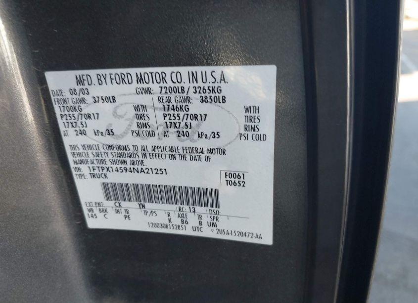 Photo 9 of 2004 Ford F-150 FX4/LARIAT/XL/XLT (VIN 1FTPX14594NA21251)