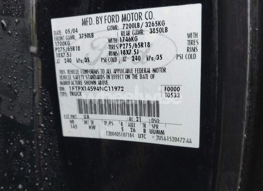 Photo 9 of 2004 Ford F-150 FX4/LARIAT/XL/XLT (VIN 1FTPX14594NC11972)