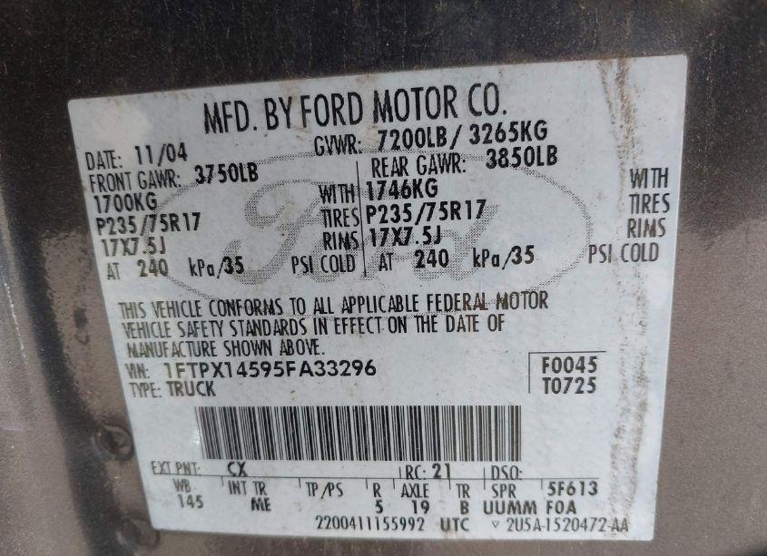 Photo 9 of 2005 Ford F-150 FX4/LARIAT/XL/XLT (VIN 1FTPX14595FA33296)