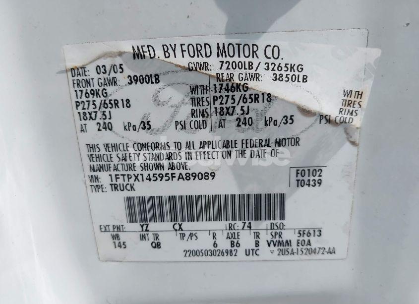 Photo 9 of 2005 Ford F-150 FX4/LARIAT/XL/XLT (VIN 1FTPX14595FA89089)