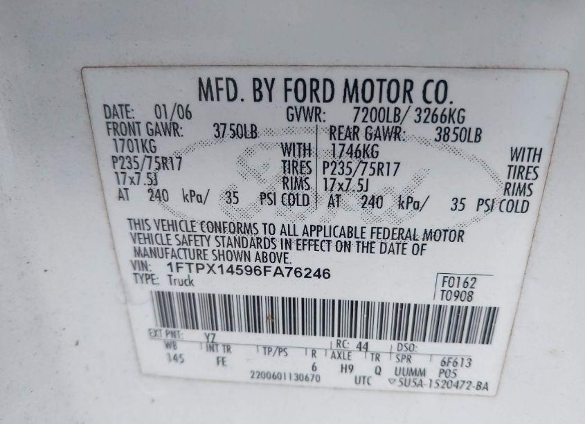 Photo 9 of 2006 Ford F-150 FX4/LARIAT/XL/XLT (VIN 1FTPX14596FA76246)