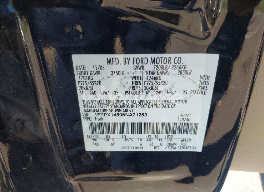 Photo 9 of 2006 Ford F-150 FX4/LARIAT/XL/XLT (VIN 1FTPX14596NA71263)