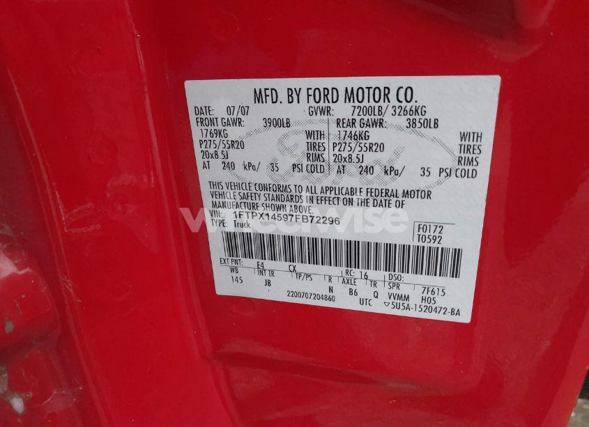 Photo 9 of 2007 Ford F-150 FX4/LARIAT/XL/XLT (VIN 1FTPX14597FB72296)