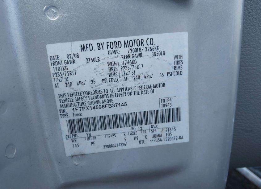 Photo 9 of 2008 Ford F-150 FX4/LARIAT/XL/XLT (VIN 1FTPX14598FB37145)