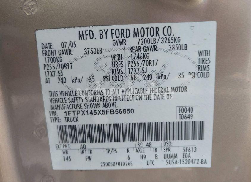 Photo 9 of 2005 Ford F-150 FX4/LARIAT/XL/XLT (VIN 1FTPX145X5FB56850)