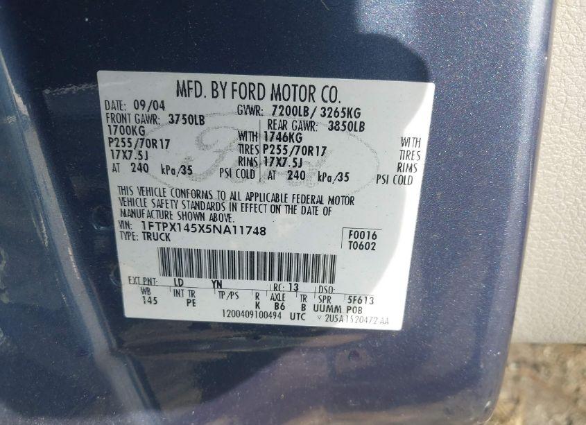 Photo 9 of 2005 Ford F-150 FX4/LARIAT/XL/XLT (VIN 1FTPX145X5NA11748)