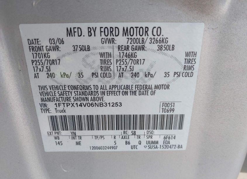 Photo 9 of 2006 Ford F-150 FX4/LARIAT/XL/XLT (VIN 1FTPX14V06NB31253)