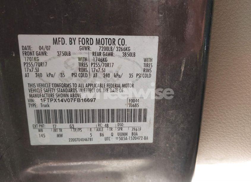 Photo 9 of 2007 Ford F-150 FX4/LARIAT/XL/XLT (VIN 1FTPX14V07FB16697)