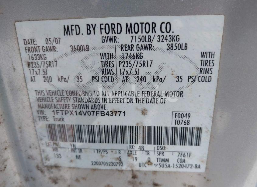 Photo 9 of 2007 Ford F-150 FX4/LARIAT/XL/XLT (VIN 1FTPX14V07FB43771)