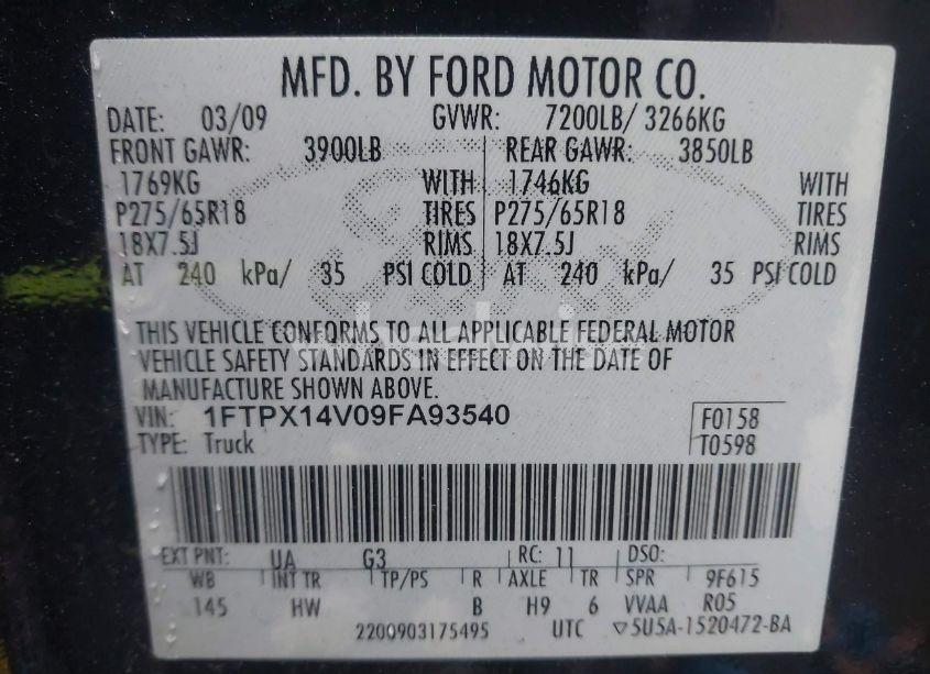 Photo 9 of 2009 Ford F-150 FX4/LARIAT/XL/XLT (VIN 1FTPX14V09FA93540)