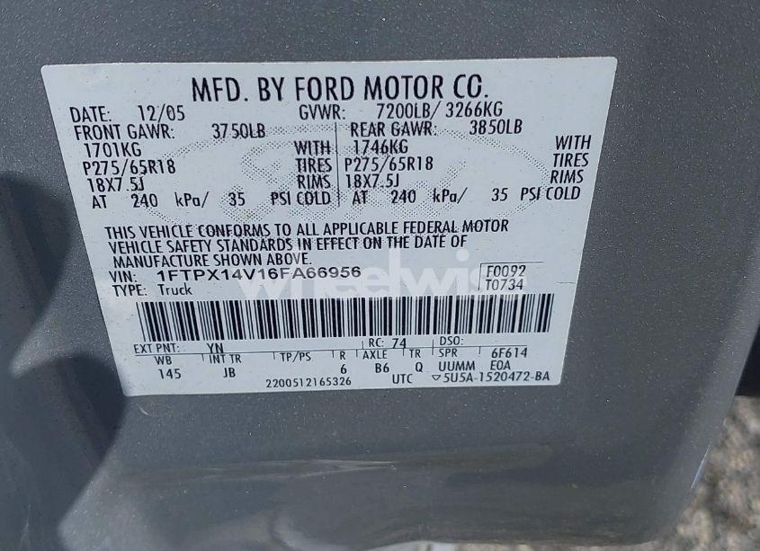 Photo 9 of 2006 Ford F-150 FX4/LARIAT/XL/XLT (VIN 1FTPX14V16FA66956)