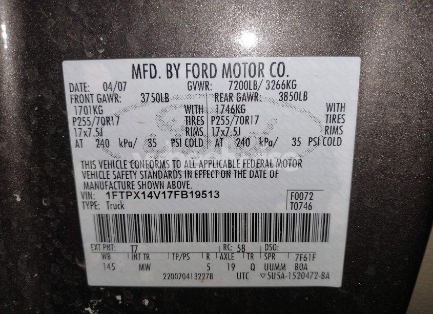 Photo 9 of 2007 Ford F-150 FX4/LARIAT/XL/XLT (VIN 1FTPX14V17FB19513)