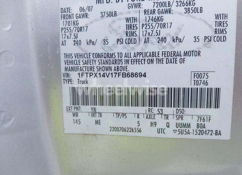 Photo 9 of 2007 Ford F-150 FX4/LARIAT/XL/XLT (VIN 1FTPX14V17FB68694)