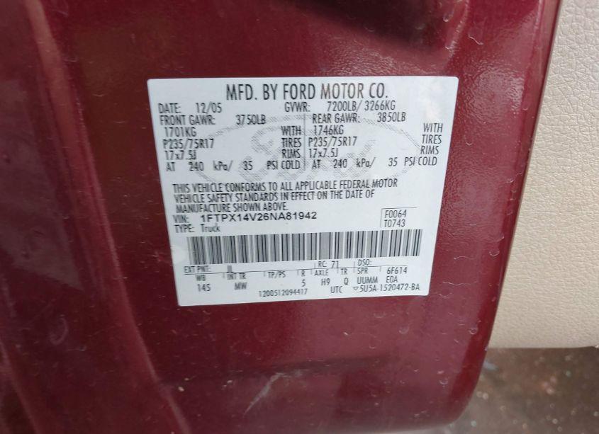 Photo 9 of 2006 Ford F-150 FX4/LARIAT/XL/XLT (VIN 1FTPX14V26NA81942)