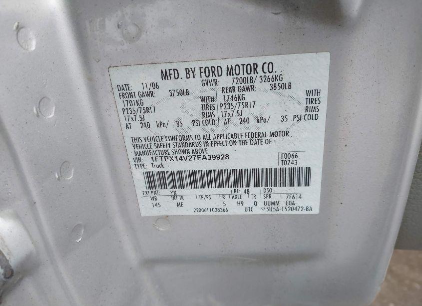 Photo 9 of 2007 Ford F-150 FX4/LARIAT/XL/XLT (VIN 1FTPX14V27FA39928)