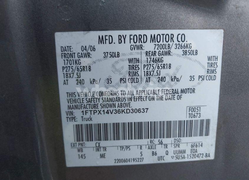 Photo 9 of 2006 Ford F-150 FX4/LARIAT/XL/XLT (VIN 1FTPX14V36KD30637)