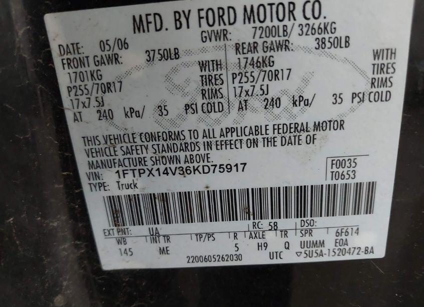 Photo 9 of 2006 Ford F-150 FX4/LARIAT/XL/XLT (VIN 1FTPX14V36KD75917)