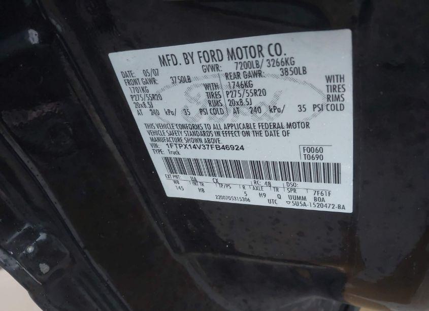 Photo 9 of 2007 Ford F-150 FX4/LARIAT/XL/XLT (VIN 1FTPX14V37FB46924)