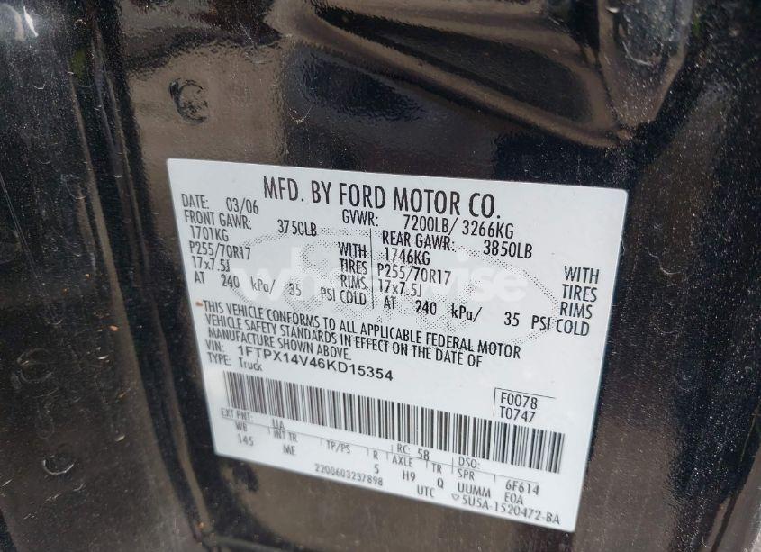 Photo 9 of 2006 Ford F-150 FX4/LARIAT/XL/XLT (VIN 1FTPX14V46KD15354)
