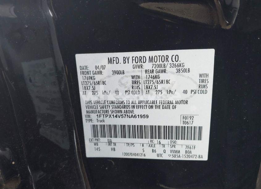 Photo 9 of 2007 Ford F-150 FX4/LARIAT/XL/XLT (VIN 1FTPX14V57NA61959)