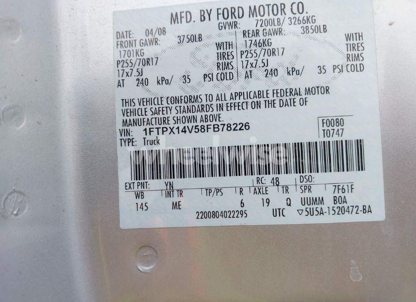 Photo 9 of 2008 Ford F-150 FX4/LARIAT/XL/XLT (VIN 1FTPX14V58FB78226)