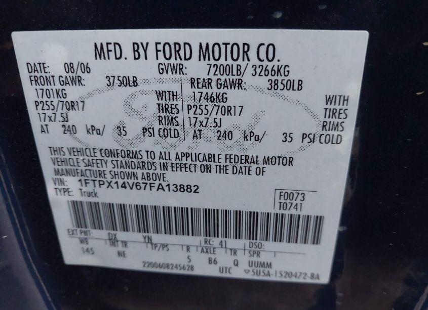 Photo 9 of 2007 Ford F-150 FX4/LARIAT/XL/XLT (VIN 1FTPX14V67FA13882)
