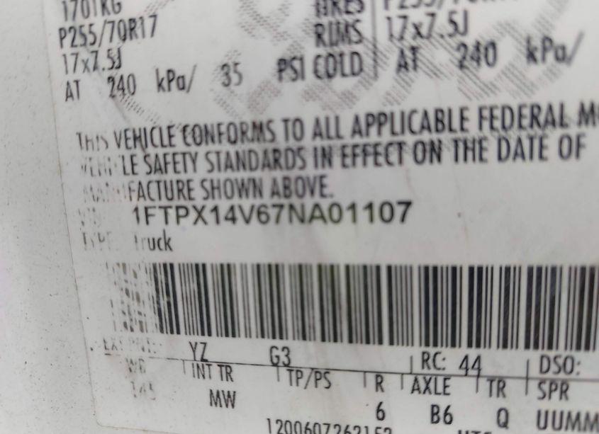 Photo 9 of 2007 Ford F-150 FX4/LARIAT/XL/XLT (VIN 1FTPX14V67NA01107)