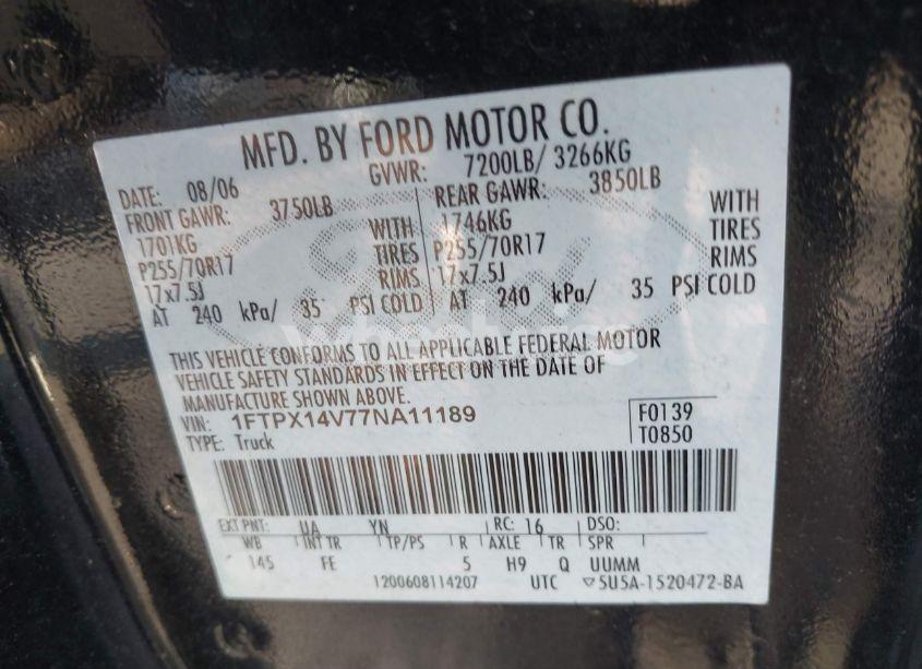 Photo 9 of 2007 Ford F-150 FX4/LARIAT/XL/XLT (VIN 1FTPX14V77NA11189)