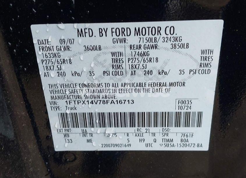 Photo 9 of 2008 Ford F-150 FX4/LARIAT/XL/XLT (VIN 1FTPX14V78FA16713)