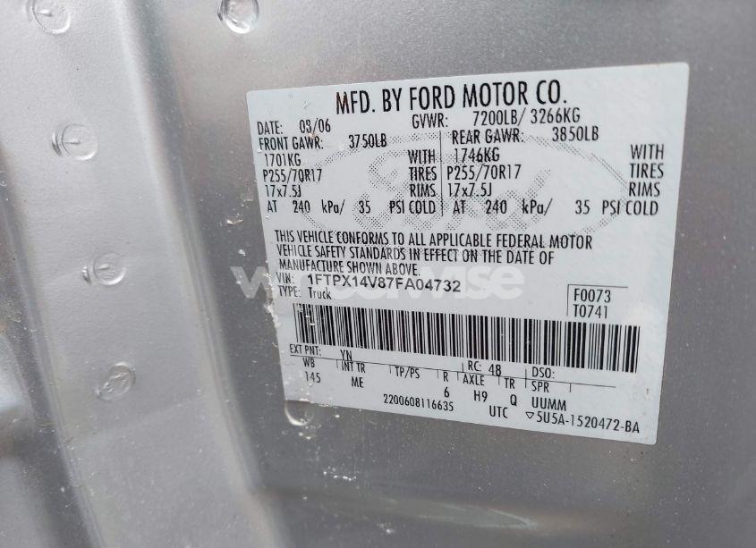 Photo 9 of 2007 Ford F-150 FX4/LARIAT/XL/XLT (VIN 1FTPX14V87FA04732)