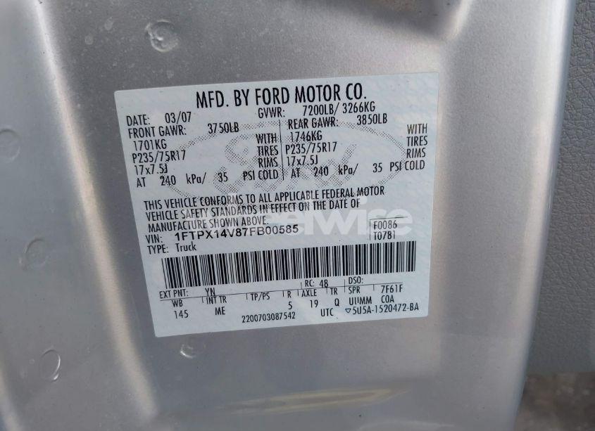 Photo 9 of 2007 Ford F-150 FX4/LARIAT/XL/XLT (VIN 1FTPX14V87FB00585)