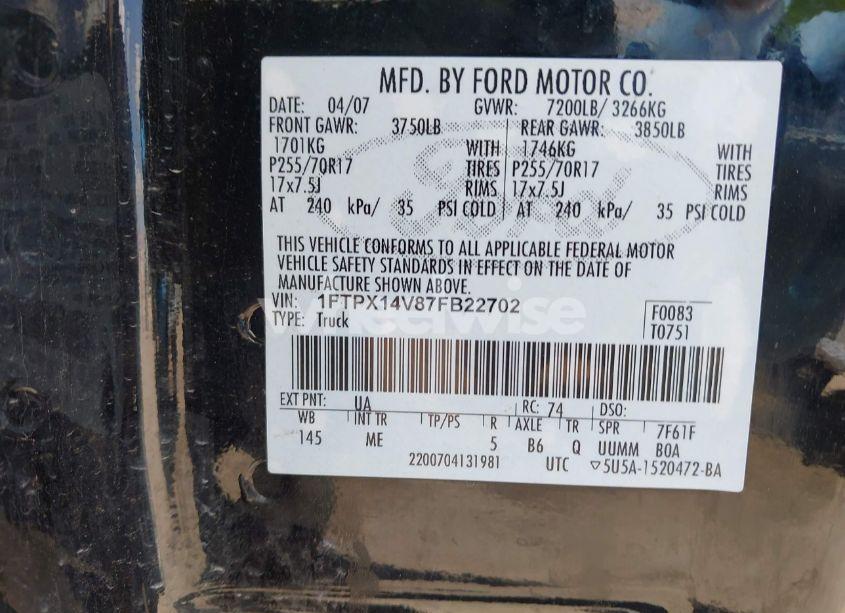 Photo 9 of 2007 Ford F-150 FX4/LARIAT/XL/XLT (VIN 1FTPX14V87FB22702)