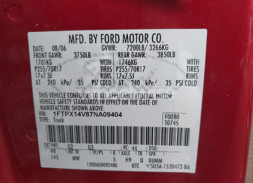 Photo 9 of 2007 Ford F-150 FX4/LARIAT/XL/XLT (VIN 1FTPX14V87NA09404)