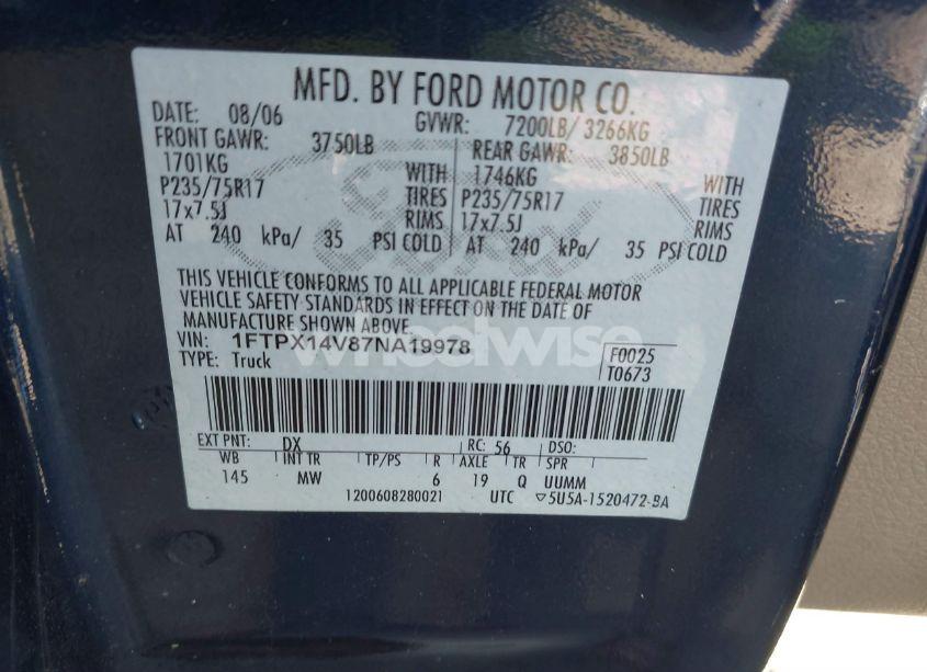 Photo 9 of 2007 Ford F-150 FX4/LARIAT/XL/XLT (VIN 1FTPX14V87NA19978)