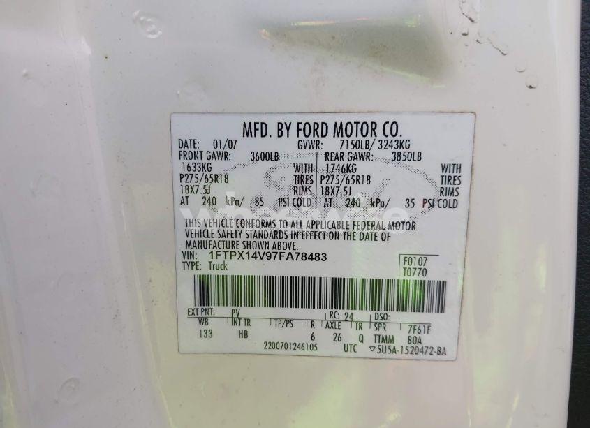 Photo 9 of 2007 Ford F-150 FX4/LARIAT/XL/XLT (VIN 1FTPX14V97FA78483)