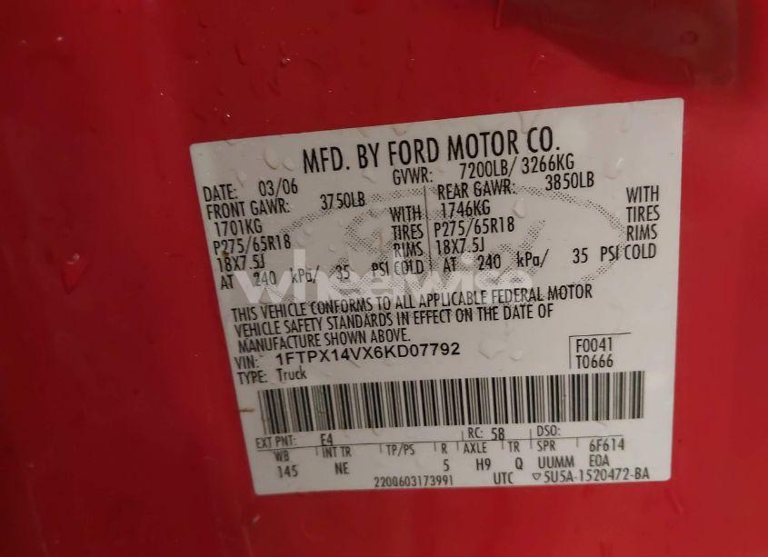 Photo 9 of 2006 Ford F-150 FX4/LARIAT/XL/XLT (VIN 1FTPX14VX6KD07792)