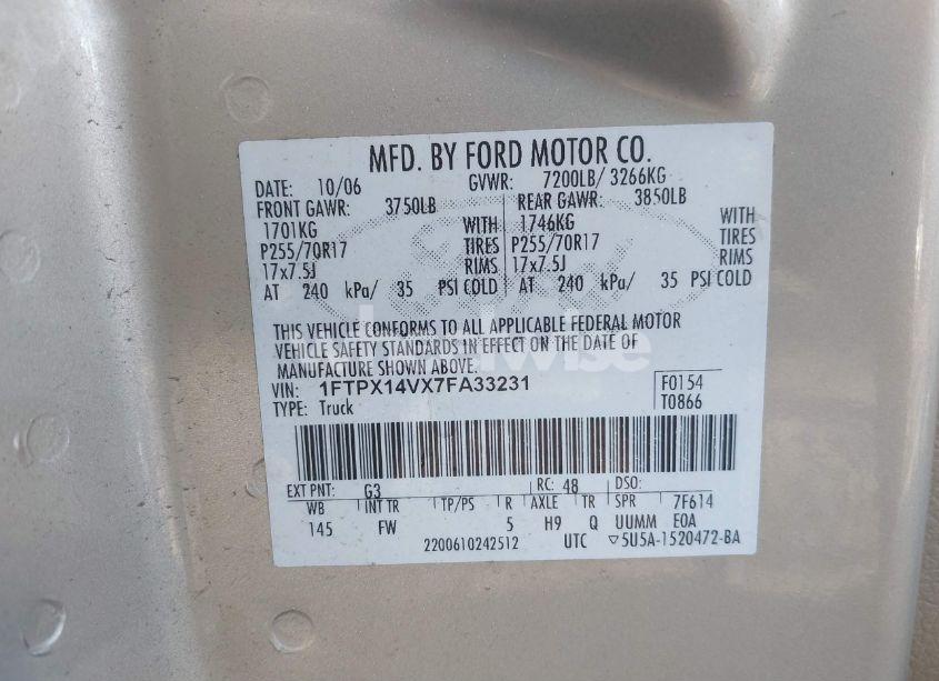 Photo 9 of 2007 Ford F-150 FX4/LARIAT/XL/XLT (VIN 1FTPX14VX7FA33231)