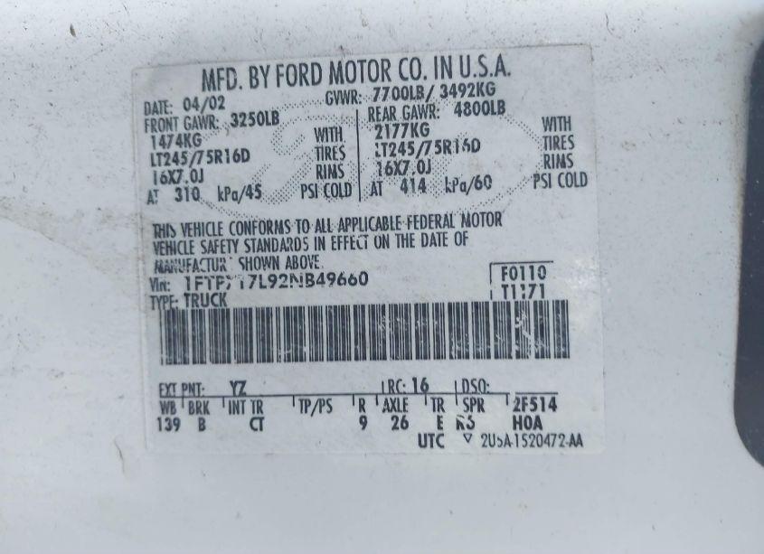 Photo 9 of 2002 Ford F-150 LARIAT/XL/XLT (VIN 1FTPX17L92NB49660)