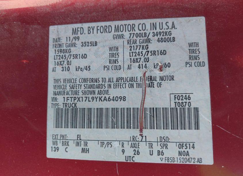 Photo 9 of 2000 Ford F-150 LARIAT/WORK SERIES/XL/XLT (VIN 1FTPX17L9YKA64098)