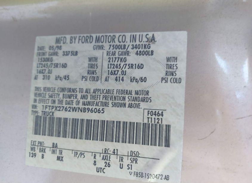 Photo 9 of 1998 Ford F-250 LARIAT/STANDARD/XL/XLT (VIN 1FTPX2762WNB96065)